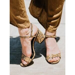 Free People Liv Block Heel Sandals Tan Snake Sz 7.5 Python Brown And Black Strap